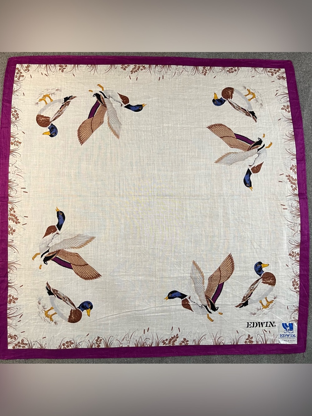 Edwin Cream Cotton Handkerchief Navy Brown & Purple Duck Motif PocketSquare NWT